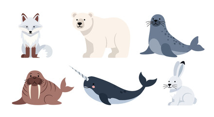 Collection set flat style vector illustration of arctic animals including seal, walrus, narwhal, polar bear and fox, cold wildlife characters isolated © Amie