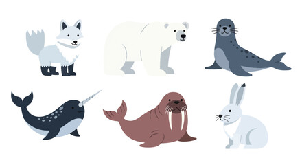Collection set flat style vector illustration of arctic animals including seal, walrus, narwhal, polar bear and fox, cold wildlife characters isolated © Amie