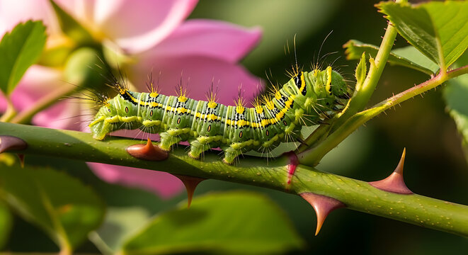 A vibrant green caterpillar crawls on a stem with pink flowers on transparent background