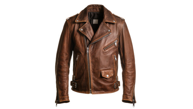 Brown distressed leather biker jacket with zippers and buckles, isolated on transparent background