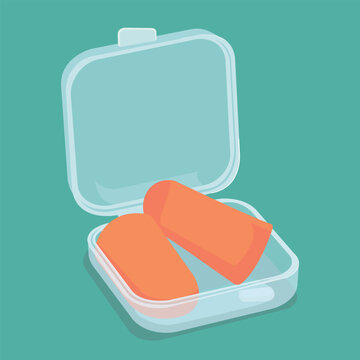 Orange Foam Earplugs in Transparent Plastic Storage Case for Travel and Hygiene Illustration