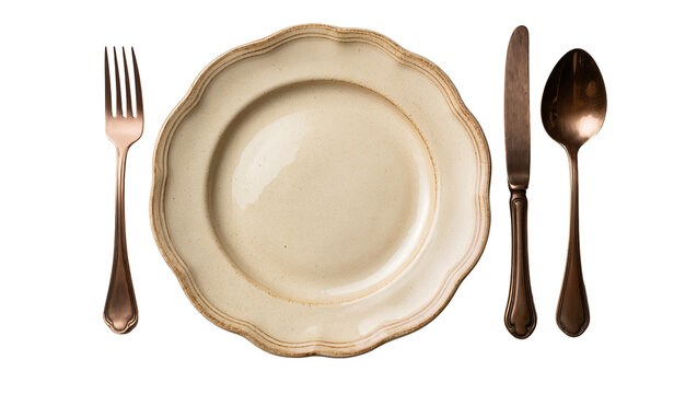 Cream ceramic plate with ornate edge and copper cutlery, isolated on transparent background