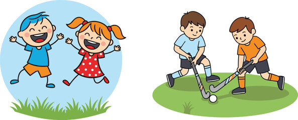 Obraz premium Happy Kids Playing and Sports Activities Illustration with Children Jumping and Playing Field Hockey for Childhood Concept Design