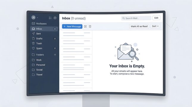 Modern email interface displays an empty inbox with a notification of no new messages, representing digital communication.