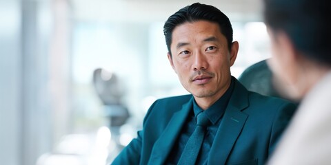 Obraz premium Asian businessman listening attentively in modern office