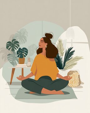 Woman meditating cross legged on a yoga mat in a calm, plant filled minimalist home interior