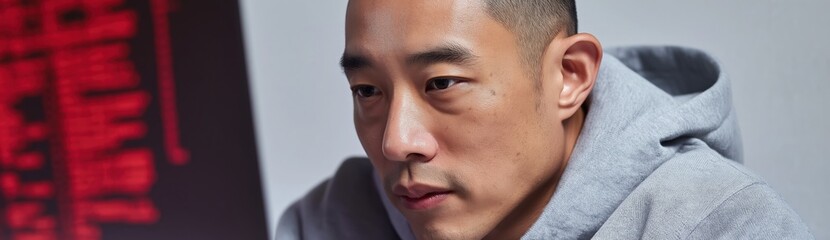 Fototapeta premium Young man concentrating on screen while seated in workspace