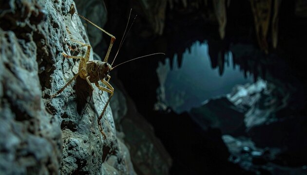 Cave cricket with long antennae on limestone wall in dark underground environment