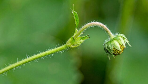 Wild strawberry stolon sprouting new plant bud in spring macro close-up