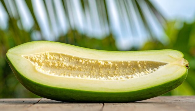 Fresh green unripe papaya slice on wooden surface with tropical background