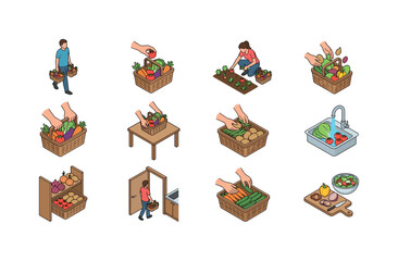 Fototapeta premium Carrying vegetable basket, placing vegetables in basket, picking vegetables from garden, filling basket with produce, holding