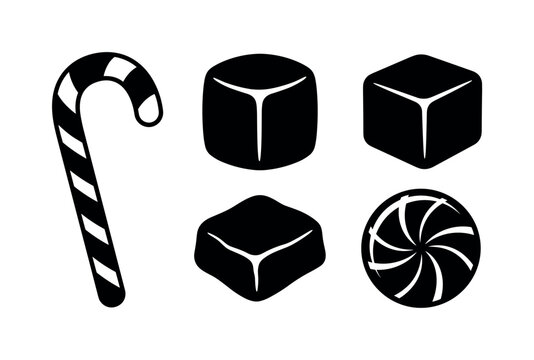 Candy shop treats including candy cane stick, marshmallow cube, caramel square candy, toffee candy piece, hard candy disc, bold
