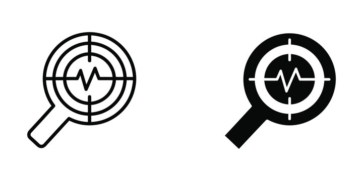 Magnifying glasses examining a heartbeat target symbol in contrasting styles