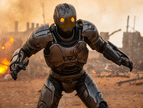 Epic close up of a jaegers robot from pacific rim standing amidst a war torn cityscape