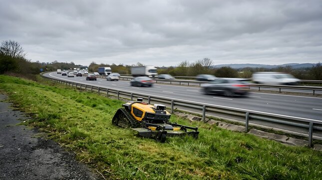 Autonomous lawn mower operates on grassy verge beside busy highway with blurred traffic