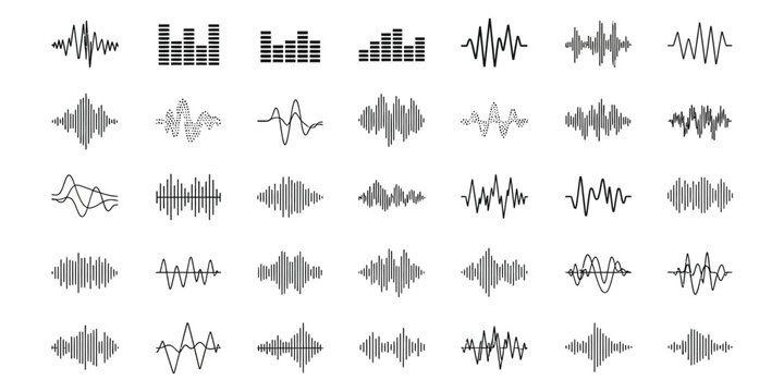 Abstract digital sound wave patterns and audio spectrum visualizers, ideal for music, voice, and audio-related graphic design elements and technological interfaces