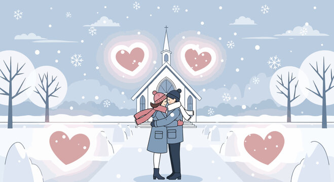 Couple Embracing in Snowy Winter Landscape with Hearts and Church