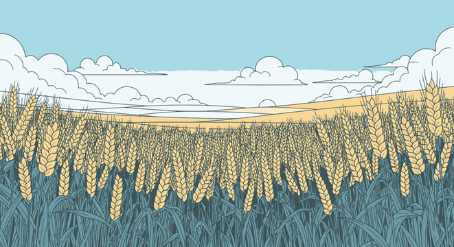 A serene winter wheat field rests beneath towering mountains in a rural nature landscape where the blue sky and clouds meet the peaceful countryside