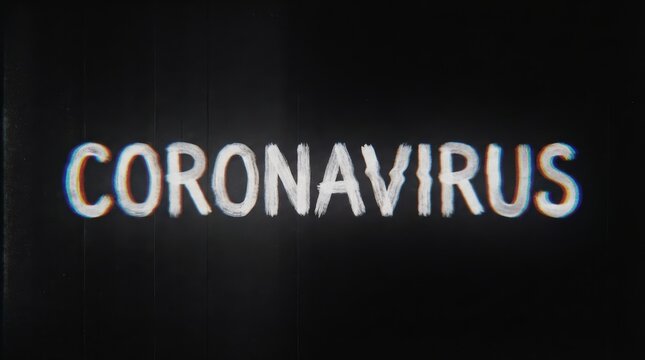 The word coronavirus written in a distorted glitch style on a dark black background for pandemic awareness.