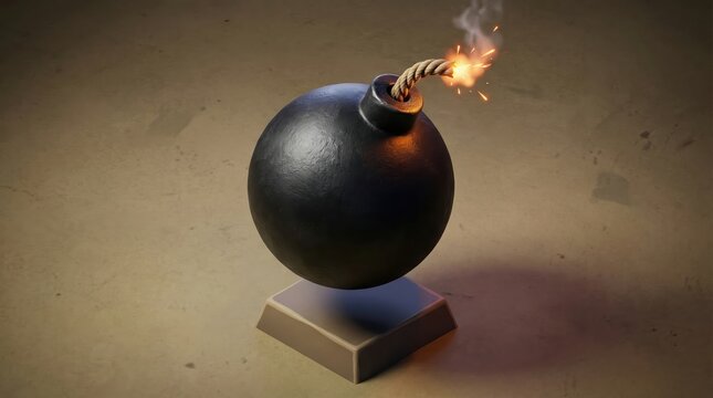 Explosive round object with burning fuse