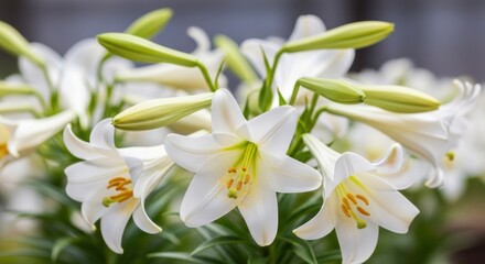 Fototapeta premium White lilies with green buds in a garden setting.