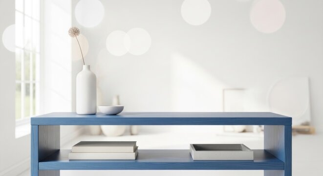A blue console table with books and a vase on it in a minimalist white room.