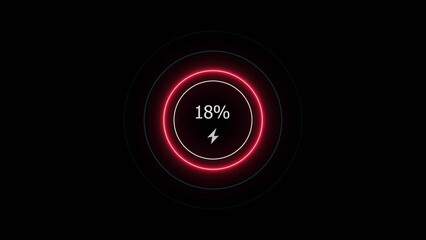 Fototapeta premium Neon countdown loading 18% battery charging icon illustration background.