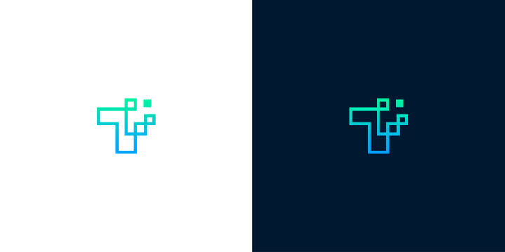 Modern digital letter T logo design with abstract pixel elements, tech concept
