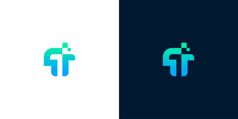 Obraz premium Modern abstract logo featuring the letter 'F' with a digital pixel element, presented in two color variations on white and dark backgrounds