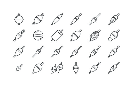 Fishing floats with bobbers, stick floats, round floats, slip floats and colorful water surface indicators clean monoline outline