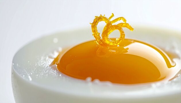 Golden egg yolk with twisted chalaza cord in raw egg cross-section on white background
