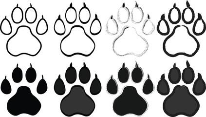 Set of hand drawn cute cat's paw Cat, dog, animal footprint in doodle style. including bear, panda, and tiger foot tracks, black silhouettes. Grunge Style Dog Pawprint Illustration Set. Paw footprint  © MDneamul