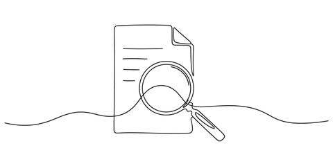 Obraz premium Continuous Line Drawing of Document with Magnifying Glass