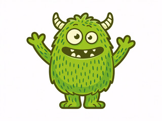 Fototapeta premium A cartoon green monster with horns and a big smile is standing with its arms raised in a playful gesture.