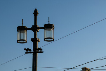 Obraz premium Vintage black street lamp with two lanterns against clear blue evening sky