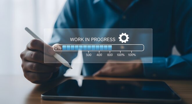 Digital transformation and progress a man interacts with a futuristic loading interface overlay