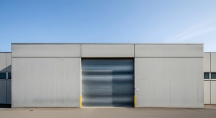 Fototapeta premium Modern industrial building with large roller door under a clear blue sky.