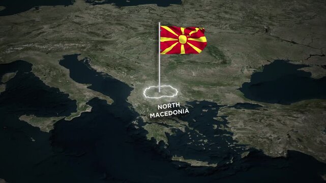 North Macedonia Map Animation with 3D Waving of North Macedonia National Flag and Glowing Border Animation on World Map