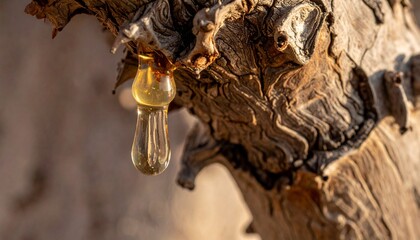 Fototapeta premium golden resin droplet hanging from ancient tree bark in natural sunlight