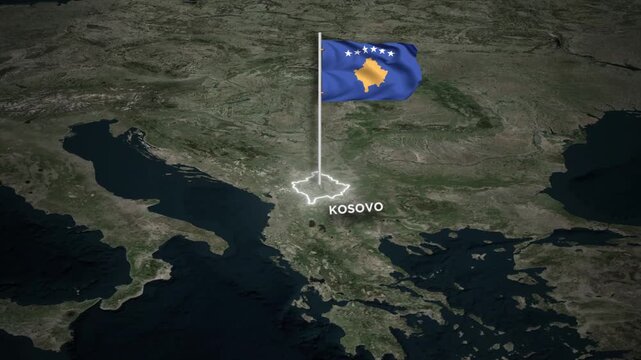Kosovo Map Animation with 3D Waving of Kosovo National Flag and Glowing Border Animation on World Map
