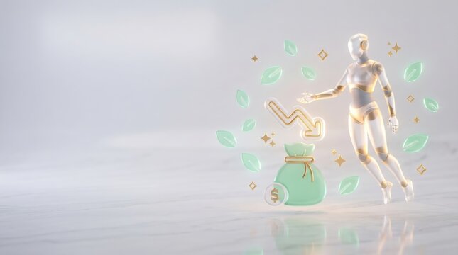 Cost saving concept, budget management and costs management. Economy recession economic cost savings. Humanoid AI holding cost reduction icon on virtual screen