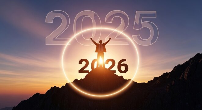 A man standing on a mountain with the year 2025 and 2026 in the sky.