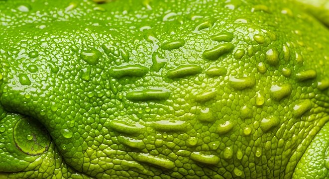 A highly detailed macro shot of green frog skin, showcasing its bumpy surface and natural moisture droplets in vivid clarity