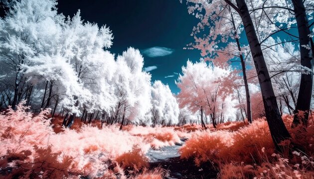 Surreal infrared spring forest with glowing white foliage and dramatic dark sky