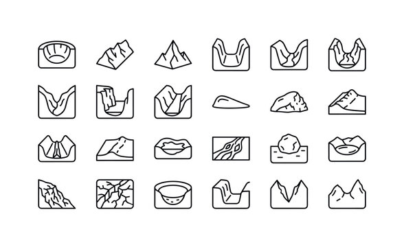 Glacial landforms with cirque basins, U-shaped valleys, moraines ridges, drumlins hills and fjord cliffs clean monoline outline