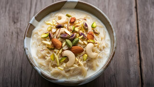 Kheer or payasam, a traditional indian dessert made with vermicelli, milk, sugar, and nuts