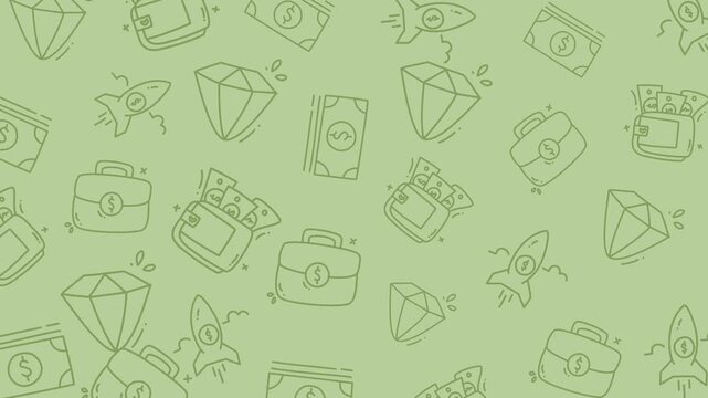 Seamless looping finance themed animated background with hand drawn business icons including money, rocket, diamond and briefcase. Ideal for fintech, startup, investment and marketing visuals.