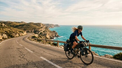 Fototapeta premium Woman cyclist riding bike on coastal road. Bikepacker journeying along ocean scenic route. Adventure travel concept, active lifestyle and outdoor recreation in nature under warm summer sunlight