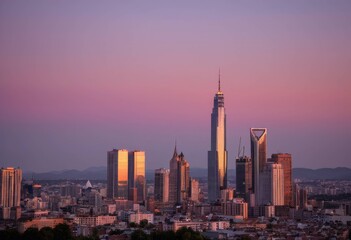 Obraz premium Modern skyscrapers city skyline towering against a pink sunset sky