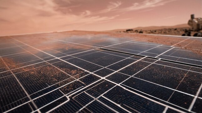 Solar panel on the surface of Mars. Dusty photovoltaic equipment in a desolate red landscape. Space exploration technology, sustainable power generation for extraterrestrial mission and colony